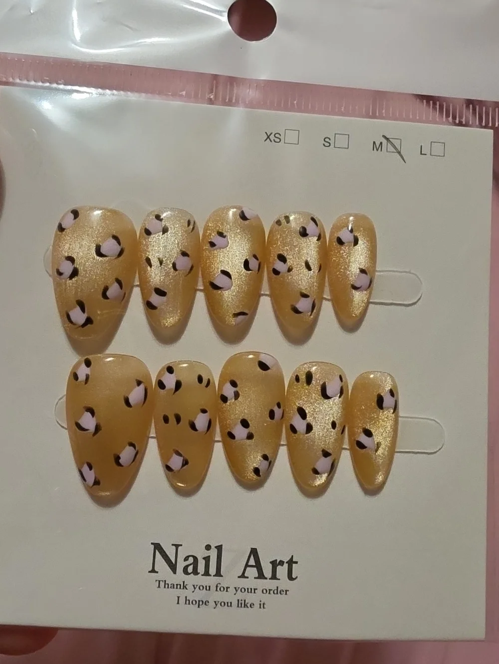 Shimmery Gold Leopard Press-On Nails with Pink Accents